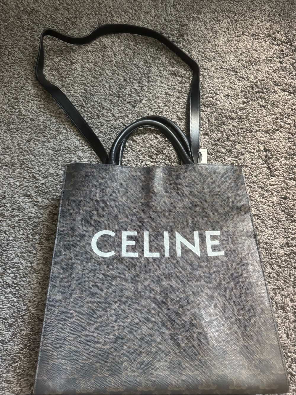 Celine Brown Logo Vertical Tote with Black Handles